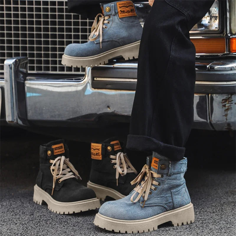 Breathable Men Boots Winter Denim Cloth Mens Ankle Boots Retro Work Boots Platform Men Casual Shoes Handmade High Top Shoes
