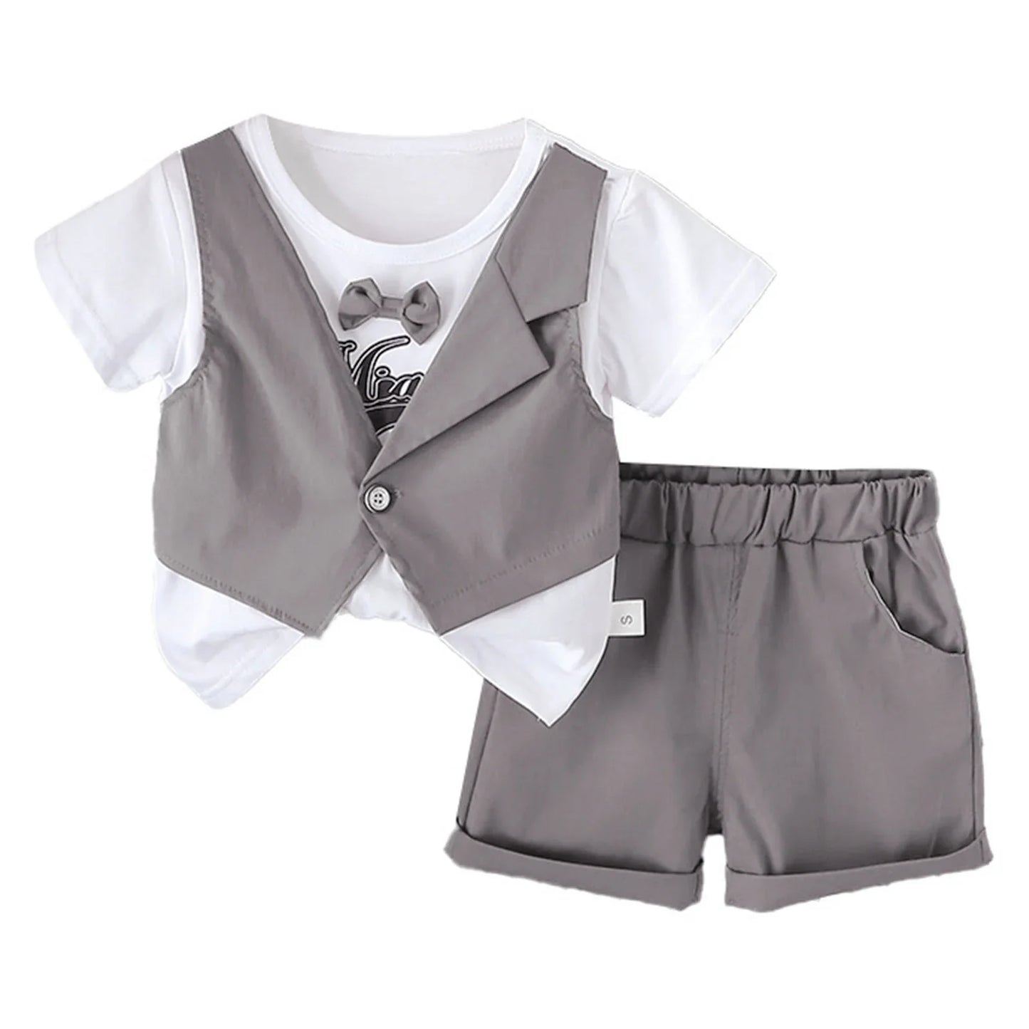 2Pcs Baby Boys Party Gentleman Outfit Short Sleeve Bowknot 2 in 1 T-shirt with Fake Waistcoat And Shorts Set Kids Summer Clothes