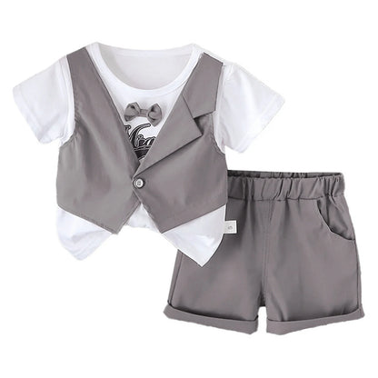2Pcs Baby Boys Party Gentleman Outfit Short Sleeve Bowknot 2 in 1 T-shirt with Fake Waistcoat And Shorts Set Kids Summer Clothes