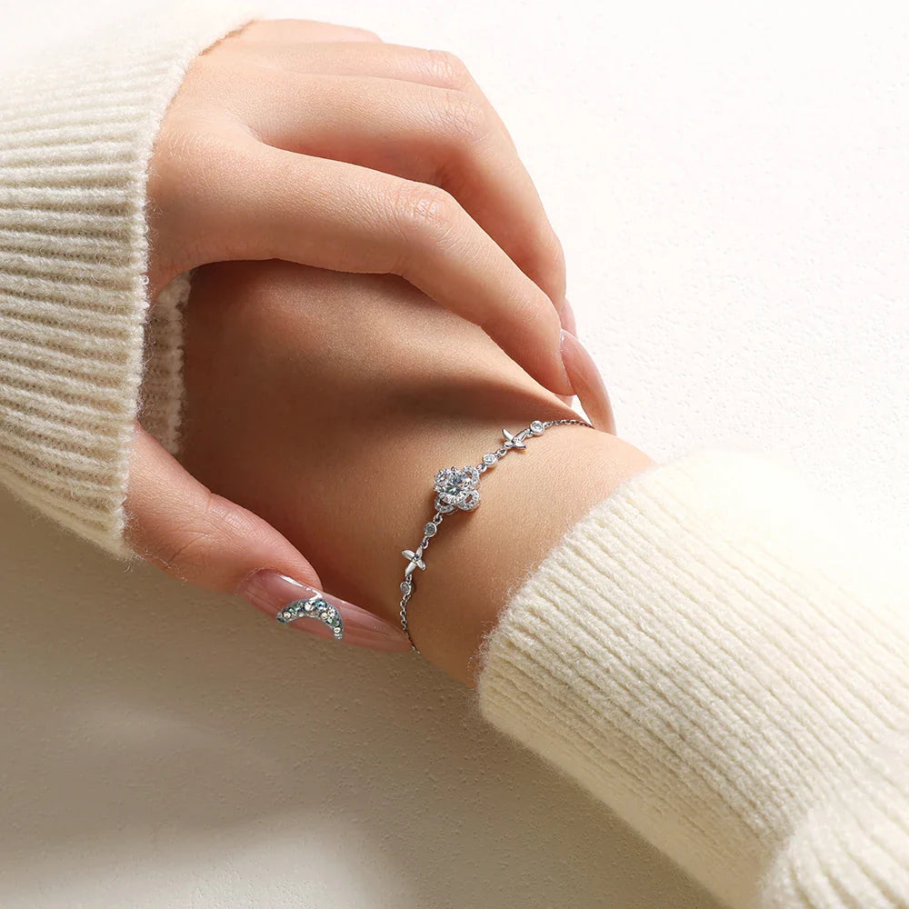 1.0CT Round Cut Moissanite Diamond Flower Bracelet for Women 925 Sterling Silver Wedding Engagement Fine Jewelry 16+3cm