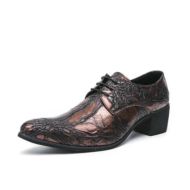 Men High Heeled Lace Up Derby Shoes PU Embossed Fashionable  Comfortable Business Formal Banquet Men Shoes