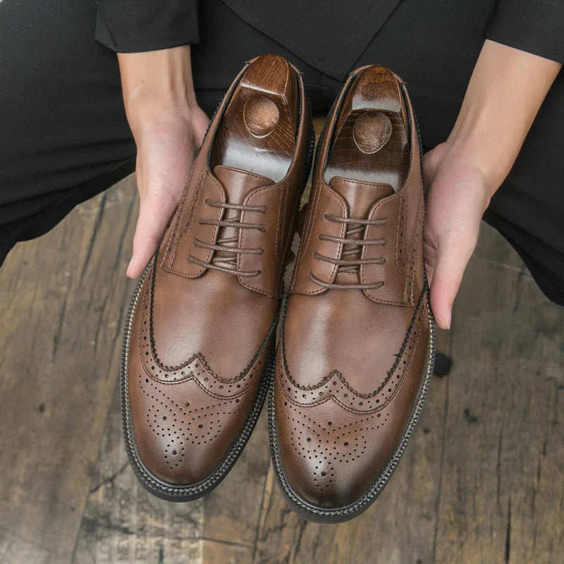 Men Lace Up Derby Shoes PU Solid Color Round Toe Business Casual Fashion Formal Shoes