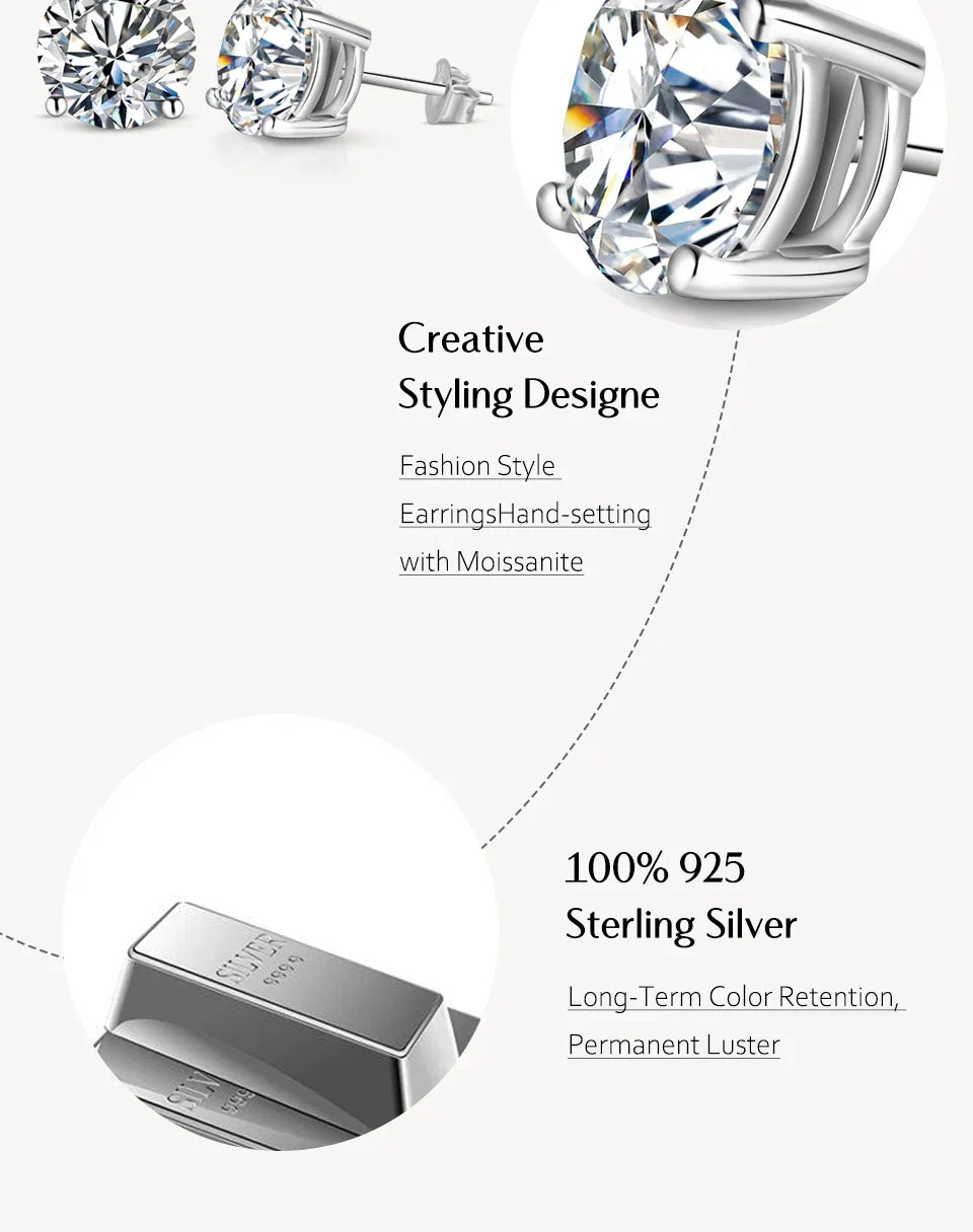 2 Carat 8.0mm D Color Moissanite Stud Earrings For Women Top Quality 100% 925 Sterling Silver Sparkling Wedding Jewelry