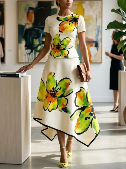 Women's Elegant Floral Printed Midi Skirt High Waist Asymmetric Hem Pockets High Waisted Party Evening A-Line Skirts