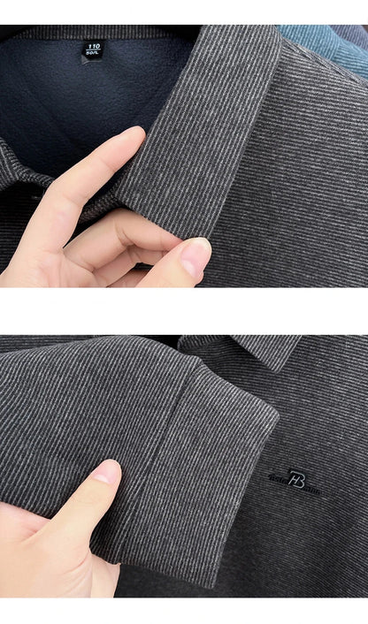 Fashion brand men's long sleeve polo shirt soft plush warm comfort new letter embossed solid color business casual lapel T-shirt