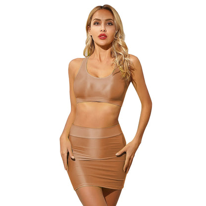 Womens Glossy Lingerie Sleeveless Crop Tank Tops Low Rise Miniskirt with Thigh High Stockings Pool Party Pole Dance Clubwear