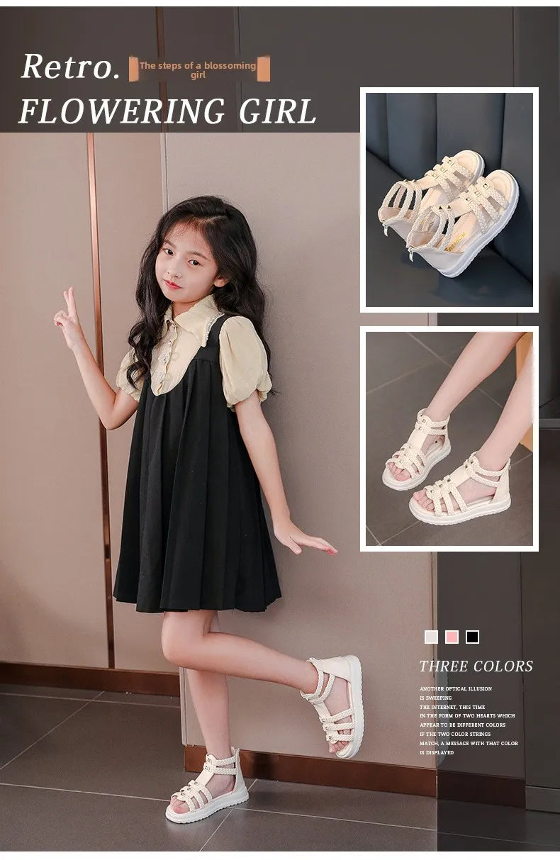 2026 Summer Gladiator Children Sandals Girl Soft Princess Shoes Retro Black Roman Sandal Outdoor Braided Shoe White Kids Shoes