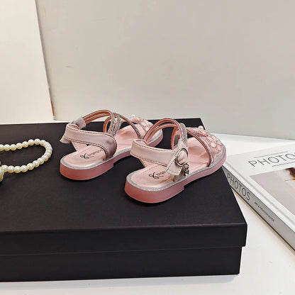 Girls Princess Sandals Children Summer Beach Shoes Soft Bottom Anti-slippery Fashion Kids Flowers Rhinestone Sandals Size 23-36