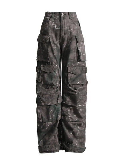 Jeans Feminino Moderno para Trabalho | Jeans Preto e Cinza de Rua com Vários Bolsos | Design Funcional Americano de Cintura Alta