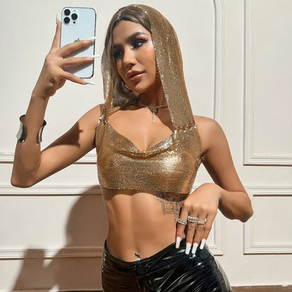 Y2K Streetwear Metal Sequins Women Tank Top Punk Goth Hip Hop Bandana Head Wraps Vest Rave Festival Women Tops Tee For Nightclub
