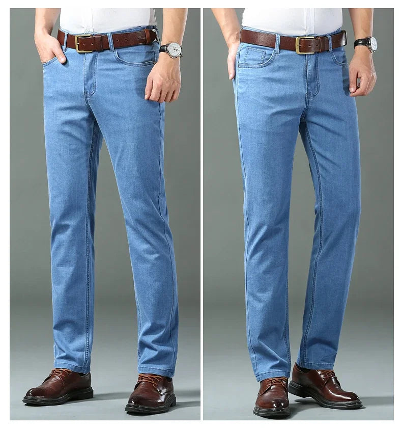 Denim Jeans For Men Blue Straight Stretch Cotton Pants Business Casual Lightweight Trousers Spring Summer