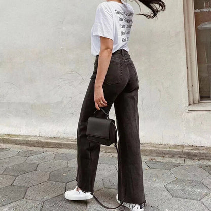 Classic Straight-Leg High-Waisted Denim Jeans with Raw Hem
