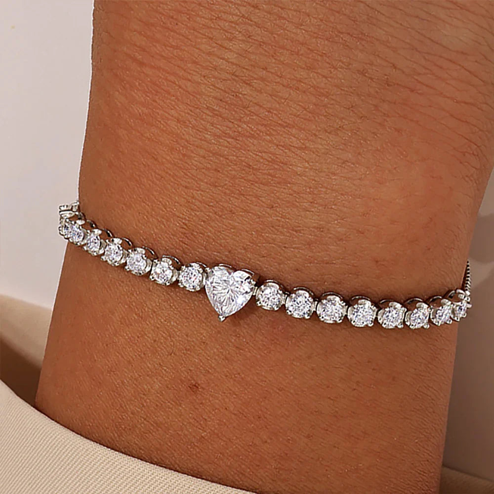 2.5mm Full Moissanite Tennis Riviera Bracelet With 6mm Heart Cut Diamond Adjustable Wrist Chain S925 Silver for Women Jewelry