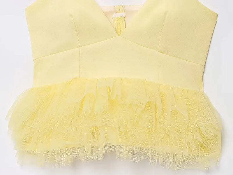 Yellow Puffy Mesh Tops for Women Strap Ruffle Crop Top Woman Sexy Backless Tulle Top Female Summer Camisole Mini Top Women