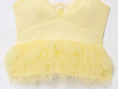 Yellow Puffy Mesh Tops for Women Strap Ruffle Crop Top Woman Sexy Backless Tulle Top Female Summer Camisole Mini Top Women