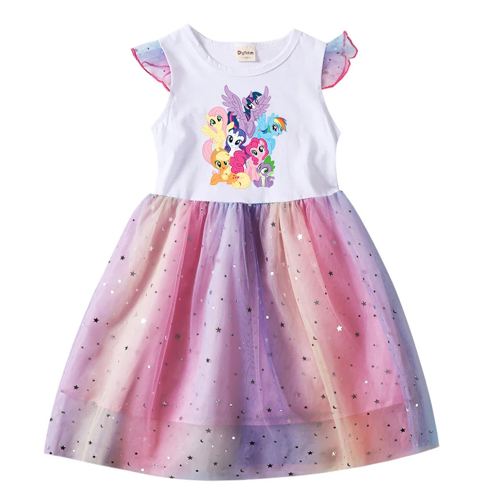 My Little Pony Baby Girls Dress Children Cartoon Mesh Star Sequins Princess Dress Kids Flying Sleeve Skirt For Daily Gift