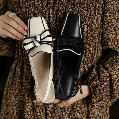 2025 French Style Genuine Leather Sandals Women Covered Toe Butterfly Knot Party Dating Sandals Office Ladies Pumps