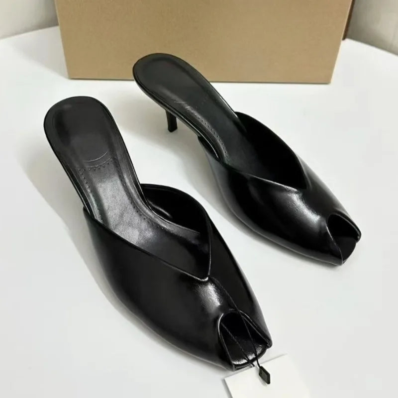 Brand Peep Toe Women High Heeled Sandals Patent Leather Banquets Designer Stilettos Big Size Elegant Sexy Ladies Mules Shoes
