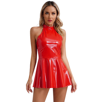 Glossy Patent Leather Glossy Mini A-Line Latex Dress for Womens Swing Skirt Skater Bodycon Mini Dress Rave Disco Party Clubwear