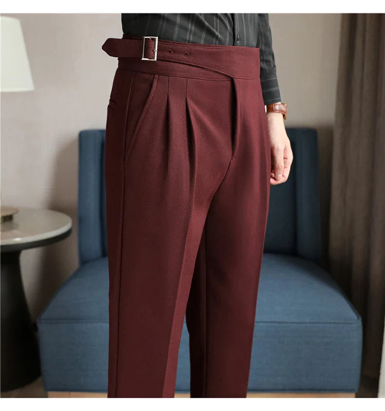 Luxury Men's Slim High-Rise Dress Pants - Heavyweight Subtle Stripe with 3D Pleats & Naples Tailoring