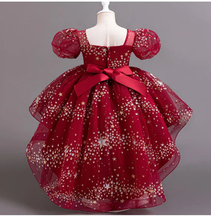 Girl Tail Wedding Bridesmaid Dress Children's Elegant Banquet Dress Children's Round Neck Sleeveless Dress Girl