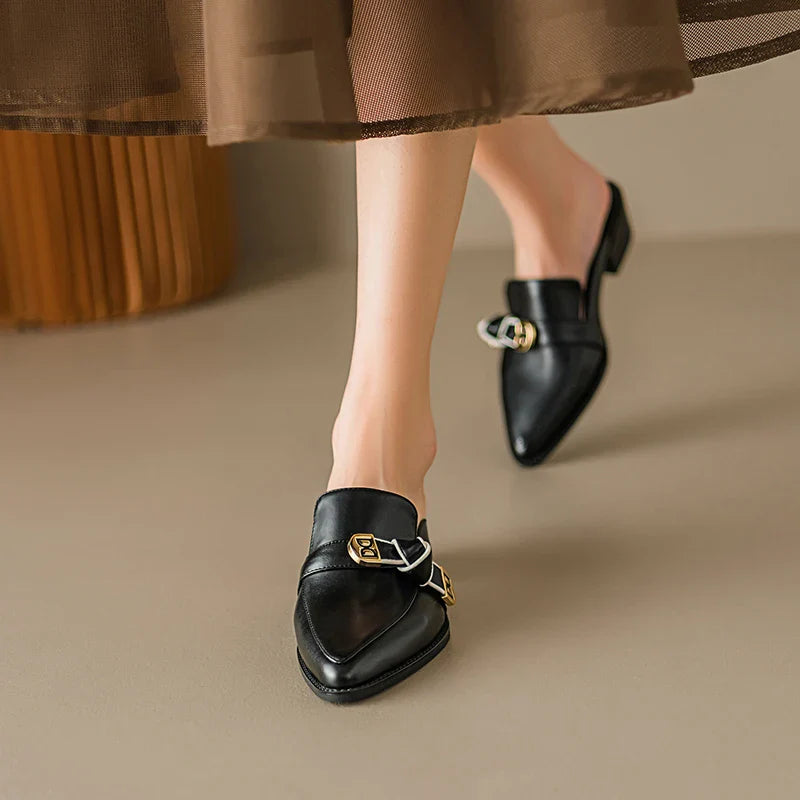 2025 French Style Genuine Leather Sandals Women Covered Toe Butterfly Knot Party Dating Sandals Office Ladies Pumps