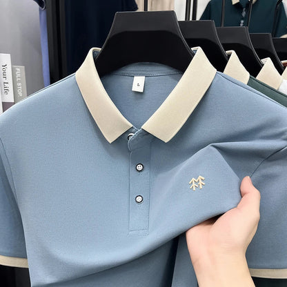 Designer brand silk cotton short sleeve polo shirt summer new Korean casual men's T-shirt fashion embossed soft breathable top