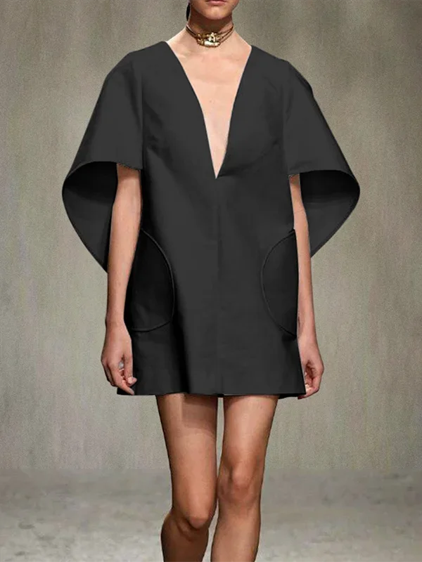 Fashion Black White Color Short Dress For Women 2025 New Spring Deep V-neck Half Sleeves Loose Prom Party Mini Dresses