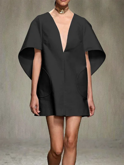 Fashion Black White Color Short Dress For Women 2025 New Spring Deep V-neck Half Sleeves Loose Prom Party Mini Dresses