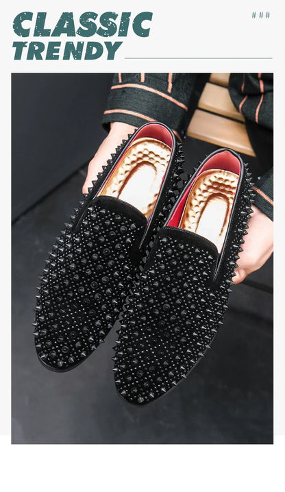 Hairdresser personality trend rivet hot diamond Loafers men's British vintage rhinestone shoe hipster leather shoes