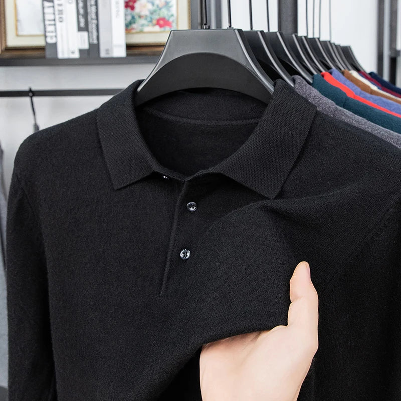 Original Quality Men's Polo Shirt Exquisite Simple Long Sleeve Knitted Lapel Sweater Autumn Winter Business Casual Menswear Top