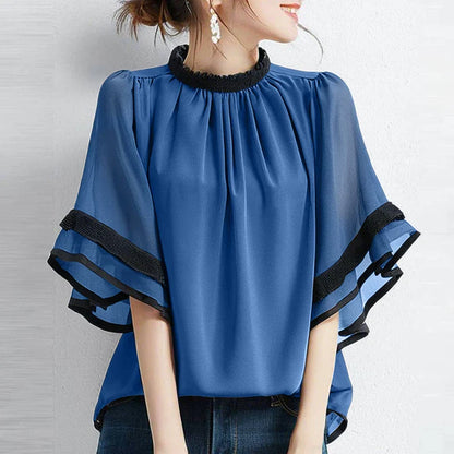 Fashion Summer Shirt O Neck Short Flare Sleeve Work Tops Tunic Loose Chemise Mujer