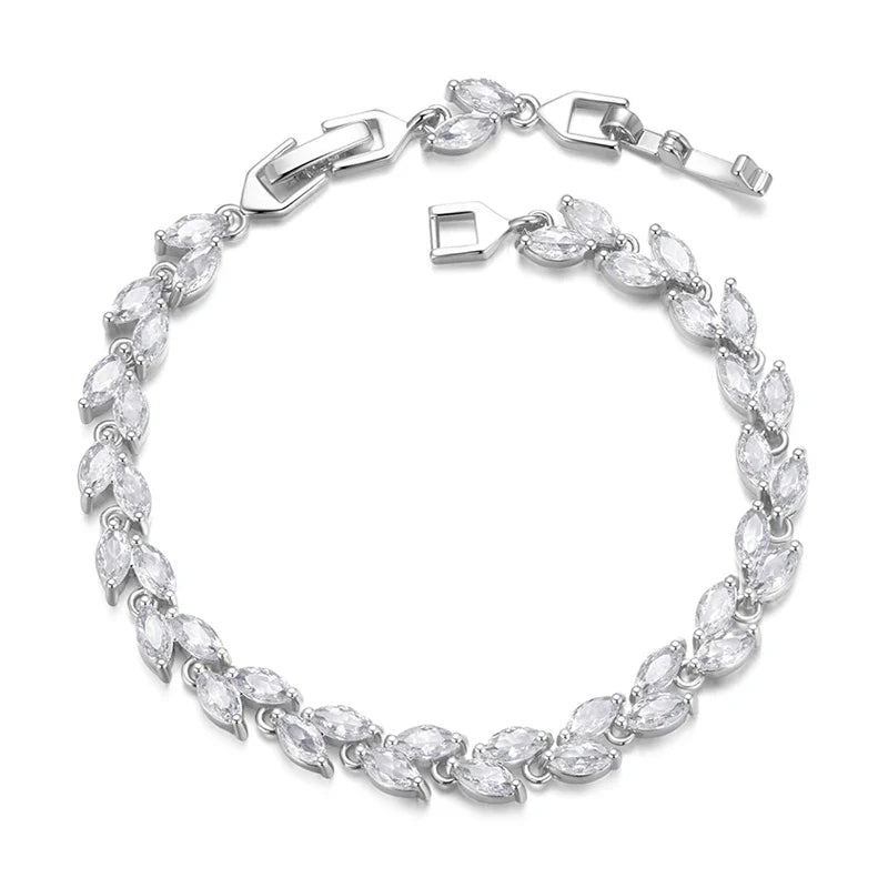 White Gold Plated Sparkling Cubic Zirconia Classic Olive Leaf Bracelet, Gold Bracelets for Women Fashion Jewelry YIB069