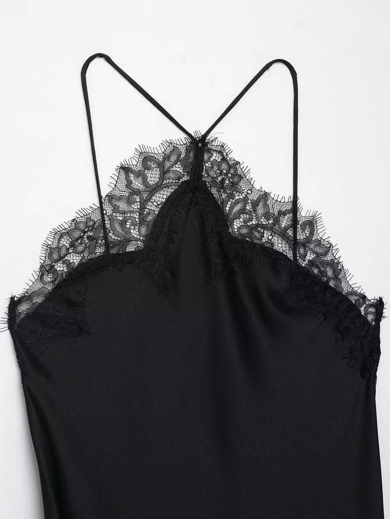 Summer New Product Women's Lace Decorative Satin Texture Strap Sexy Dress with Hanging Neck and Asymmetric Bottom