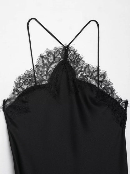 Summer New Product Women's Lace Decorative Satin Texture Strap Sexy Dress with Hanging Neck and Asymmetric Bottom