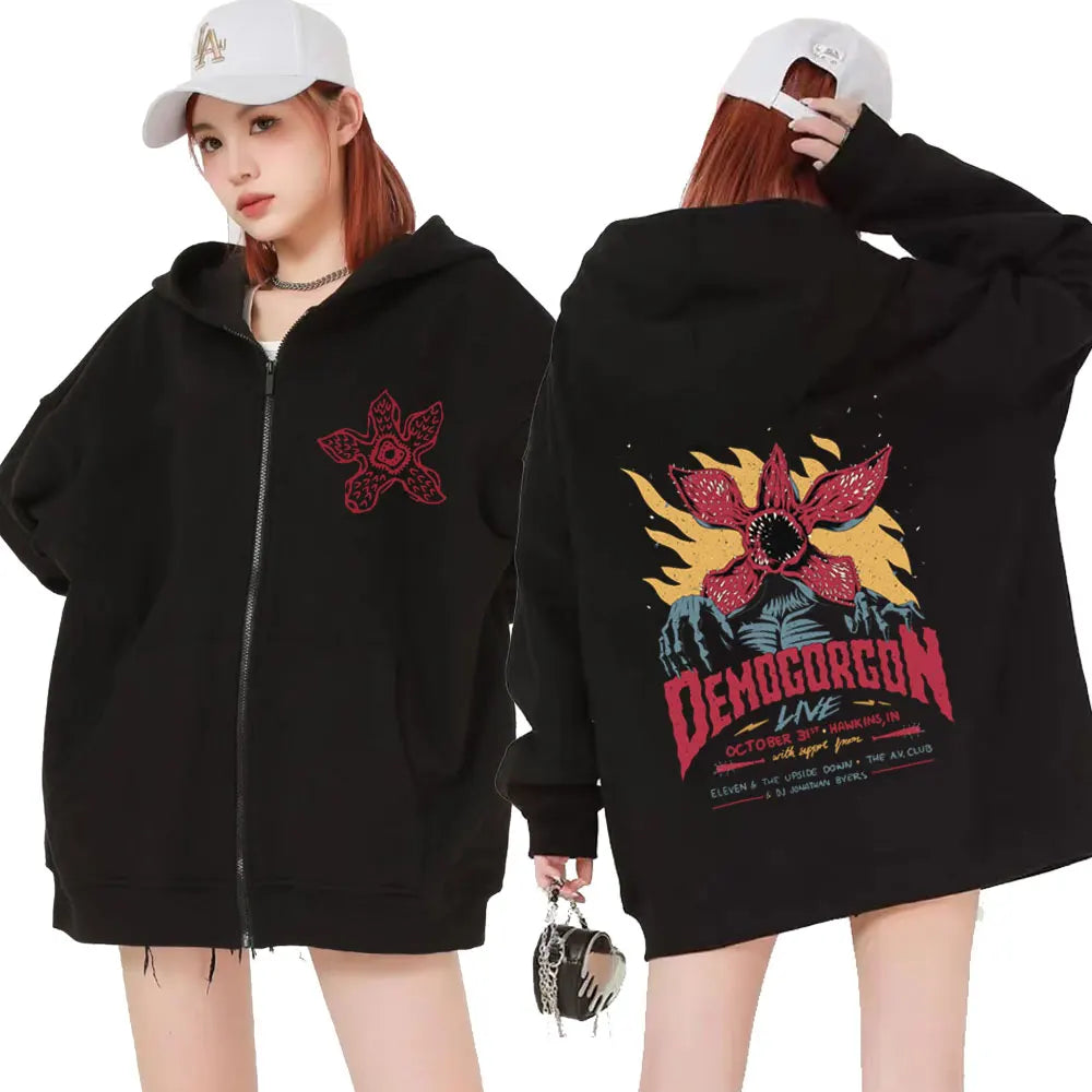 Eddie Munson The Demogorgon Zipper Hoody Men Women Cannibal Flower Monster Print Jacket Pullover Sweatshirt Oversized Streetwear