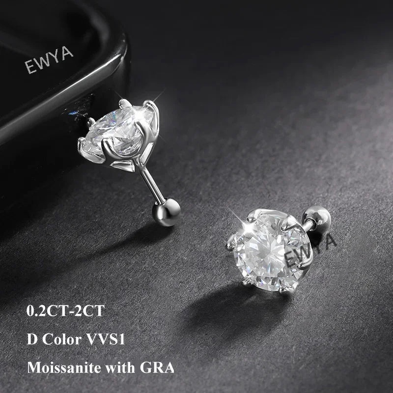 925 Sterling Silver 0.2-2ct D VVS1 6 Prong Diamond with GRA Moissanite Screw Stud Earrings For Women Wedding Fine Jewelry