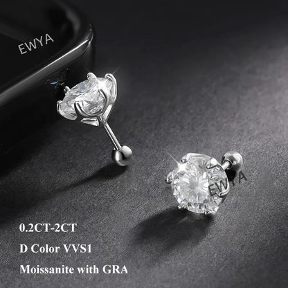 925 Sterling Silver 0.2-2ct D VVS1 6 Prong Diamond with GRA Moissanite Screw Stud Earrings For Women Wedding Fine Jewelry