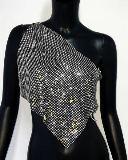 Shiny Rhinestone Metal Camisole For Women Sexy Backless Single shoulder Side Split Tank Tops Cocktail Party Club Crop Top Y2K