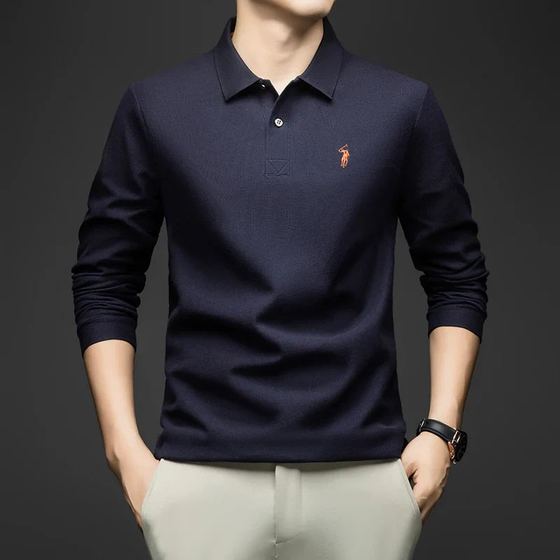 100% Pure Cotton Men's Long Sleeved Polo Shirt, Collar T-shirt, Spring and Autumn Top, No Ironing, Wrinkle Resistant Embroidery