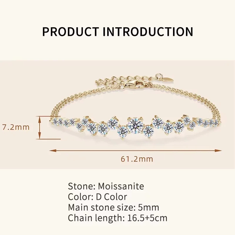 Moissanite Bracelet With Certificate 925 Sterling Silver Adjustable Double Chain Bracelets for Women Wedding Jewelry Gift