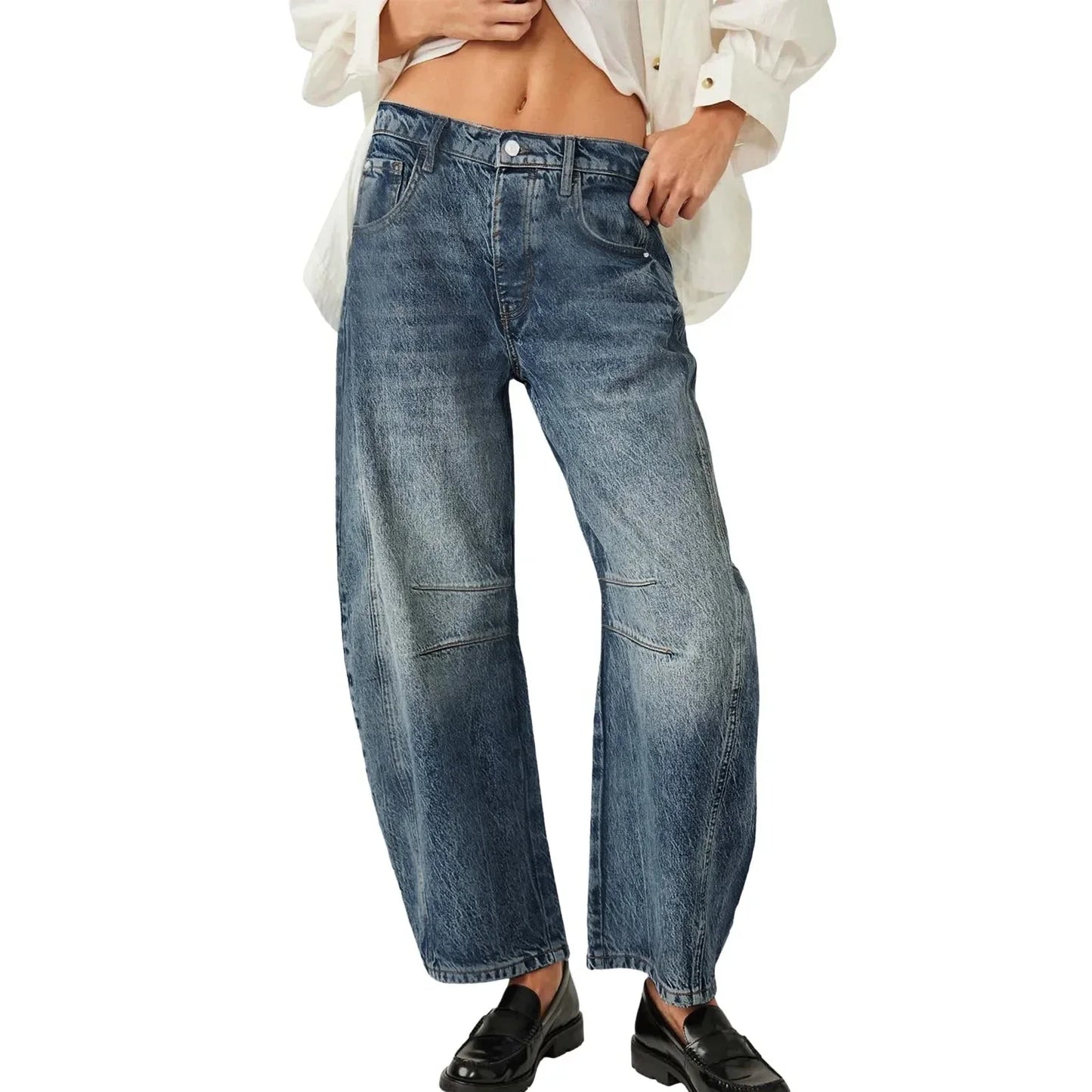 High Stretch Mid-Rise Barrel Jeans Fashion wide Leg Shape Women Casual Baggy Mid Waist Denim Jeans