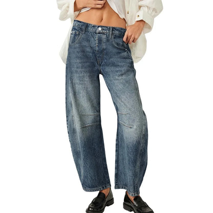 High Stretch Mid-Rise Barrel Jeans Fashion wide Leg Shape Women Casual Baggy Mid Waist Denim Jeans