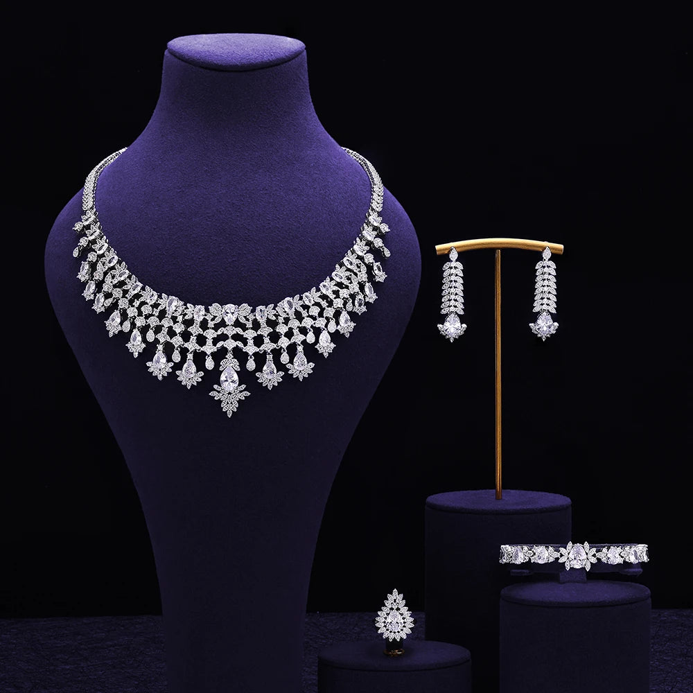 2024 New 4-piece Bridal Cubic Zirconia Full Set Women's Party Jewelry Set, Deluxe Dubai Nigeria Crystal Wedding Jewelry Set