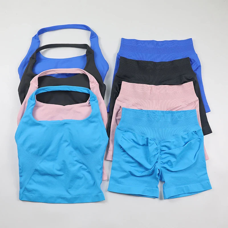 Seamless Yoga Set Womens Backless Halter Tank Top Ribbed Waist Gym Shorts 2 Piece Sets Women Outfit Workout Clothes