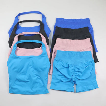 Seamless Yoga Set Womens Backless Halter Tank Top Ribbed Waist Gym Shorts 2 Piece Sets Women Outfit Workout Clothes