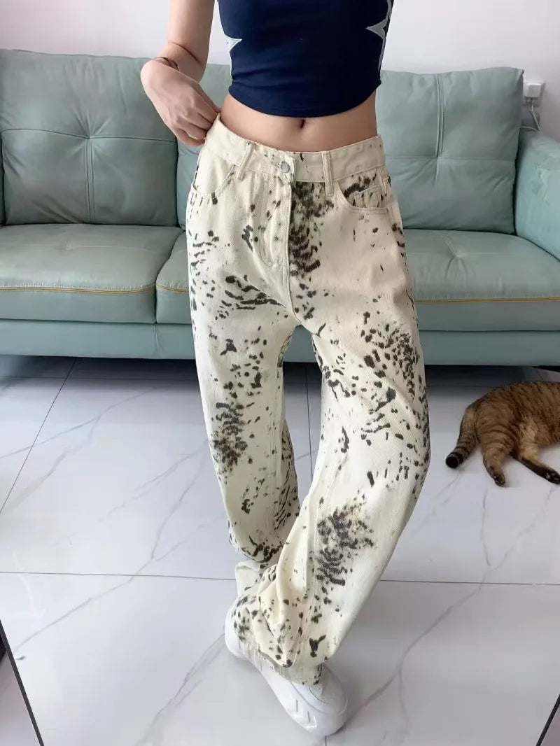 Vintage Fashion Female High Waist Casual Wide Leg Jeans
