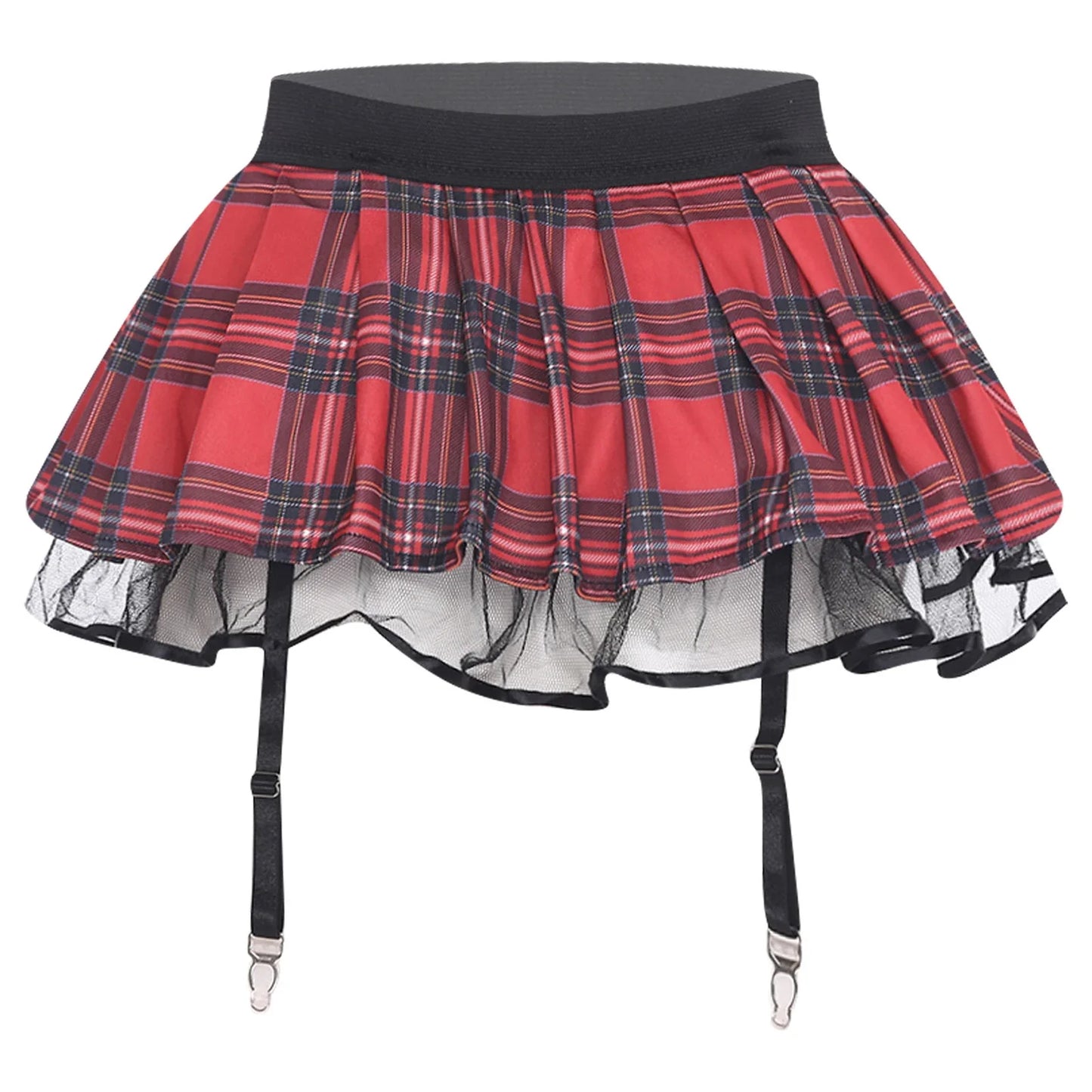 Women's Miniskirt with Garters Schoolgirl Cosplay Costume Plaid Layer with Tulle Lining Elastic Waistband Short Skirt Clubwear