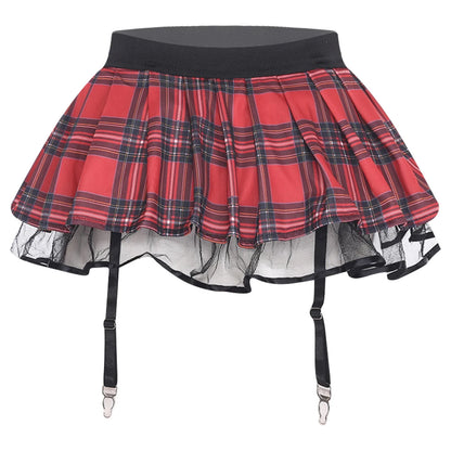 Women's Miniskirt with Garters Schoolgirl Cosplay Costume Plaid Layer with Tulle Lining Elastic Waistband Short Skirt Clubwear