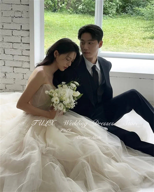 Elegant Sweetheart Puff Sleeve Wedding Dress Korea Photo Shoot A line Tulle Bridal Gowns Long Corset 웨딩드레스 Custom Made 2025